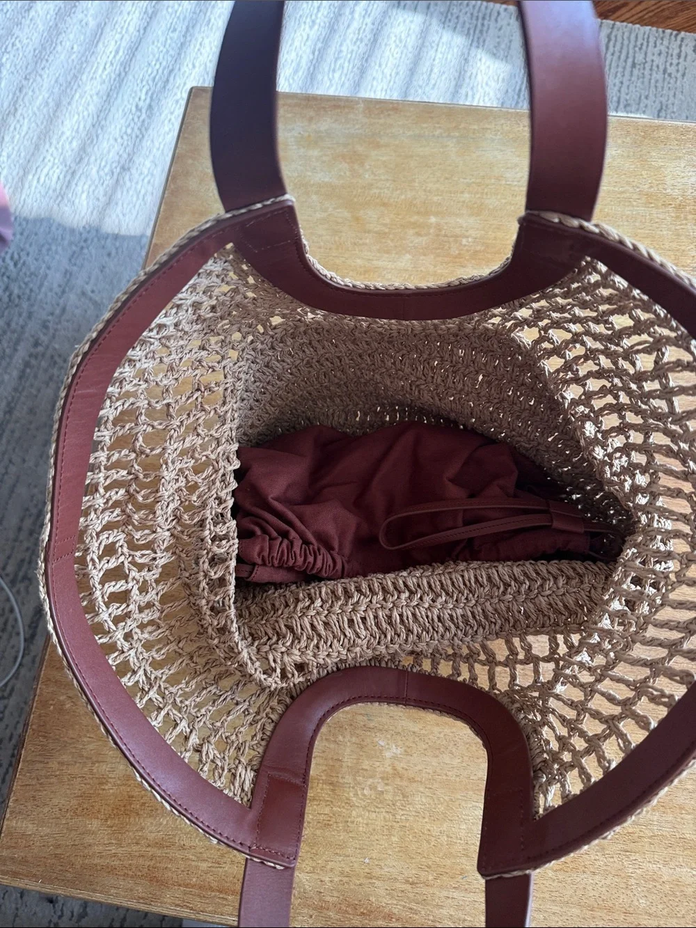 COS Woven Straw Tote Bag with Brown Leather Handles - Picture 3 of 5